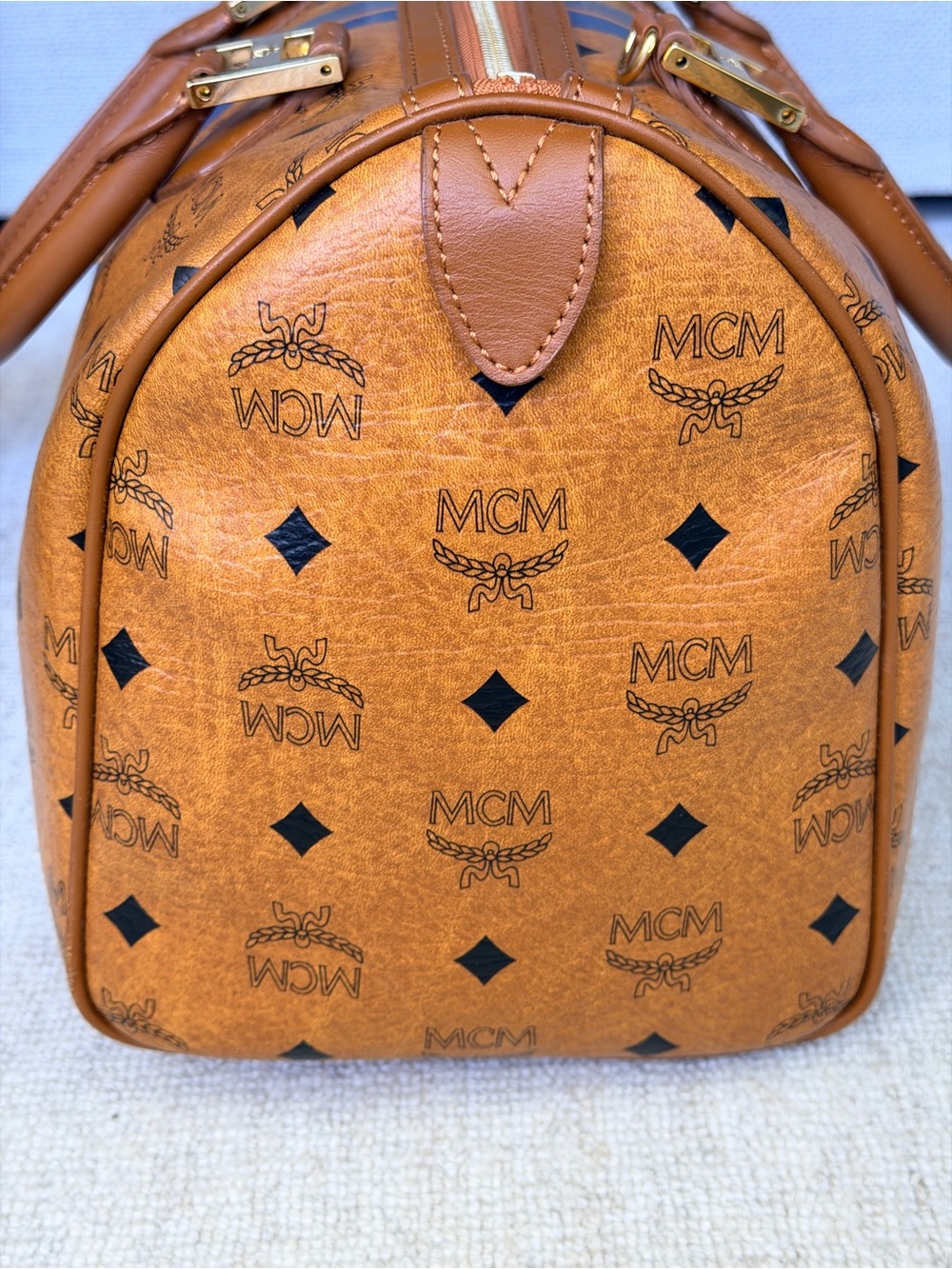 MCM Rare Visetos Blue Stripe Boston Satchel Bag Cognac Gold Hardware - Picture 9 of 13